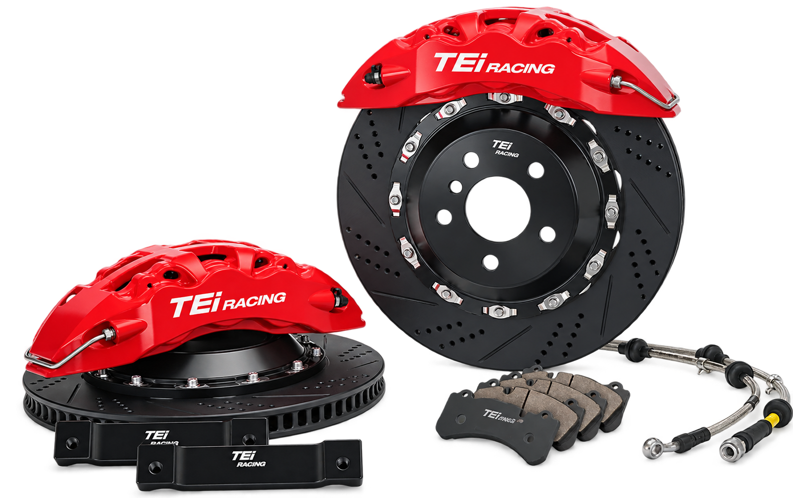 ชุดเบรก TEI Racing T691 คาลิปเปอร์ 6 ลูกสูบสีแดง พร้อมจานเบรกเจาะรู-เซาะร่อง ผ้าเบรก ขายึด และสายเบรกถัก